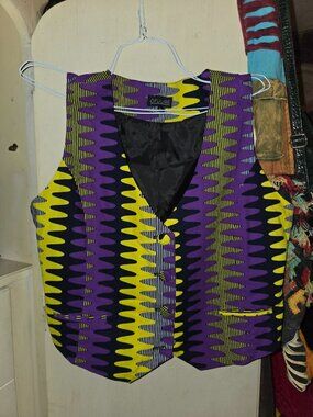 Ofuure African Print Vest Top Purple Yellow Ankara Wax Crop Waistcoat XL